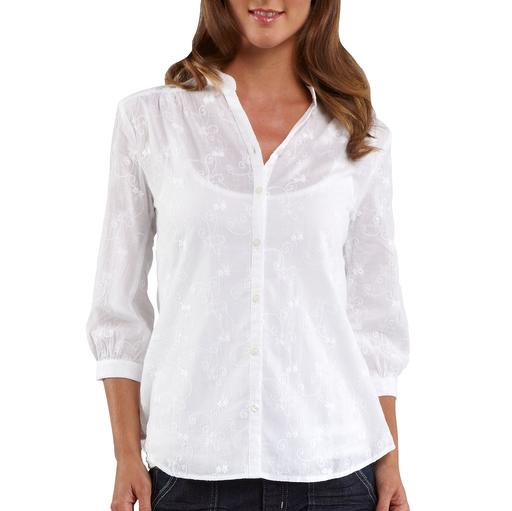 WS027- Women's Three-Quarter Sleeve Schiffli Button Down Shirt